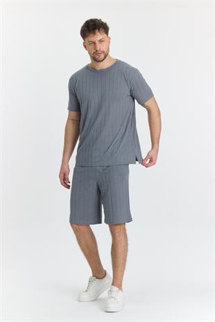 Erkek Çizgli Polycotton T-shirt Şort İkili Takım Gri 5734-G