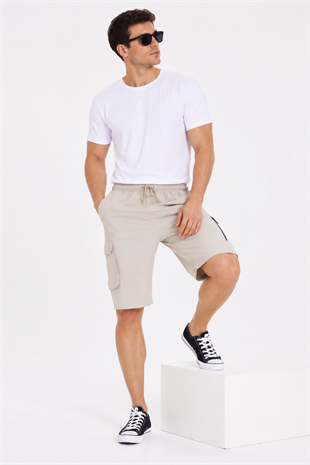 Erkek StretchFit Kargo Cepli Esnek Şort Taş 6040-T