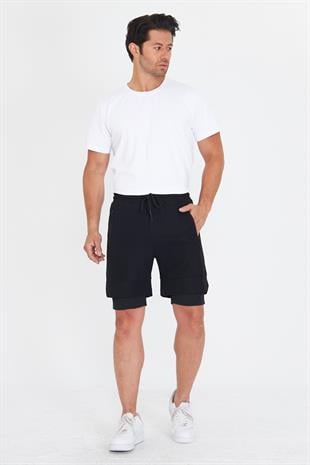 Erkek Taytlı Fermuarlı Cepli Spor Şort Siyah 5807-S