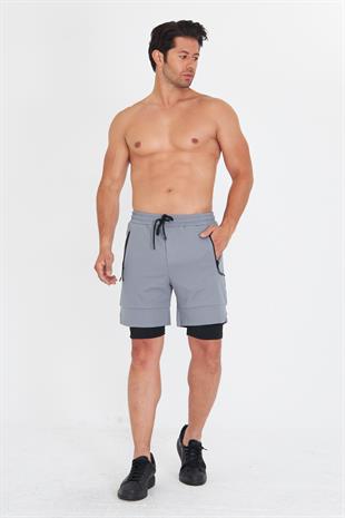 Erkek Taytlı Fermuarlı Cepli Spor Şort Füme 5807-F