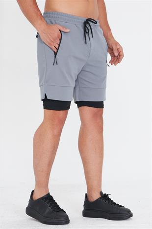 Erkek Taytlı Fermuarlı Cepli Spor Şort Füme 5807-F