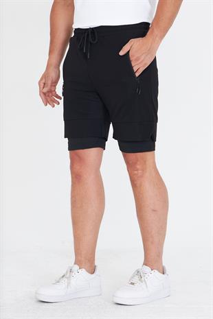 Erkek Taytlı Fermuarlı Cepli Spor Şort Siyah 5807-S