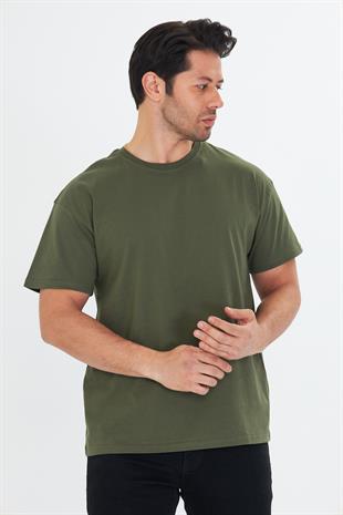Erkek Pamuklu Bisiklet Yaka Oversize Tişört Haki 5015-H
