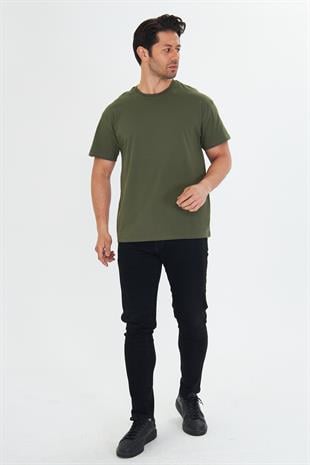 Erkek Pamuklu Bisiklet Yaka Oversize Tişört Haki 5015-H