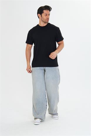 Erkek Pamuklu Bisiklet Yaka Oversize Tişört Siyah 5015-S