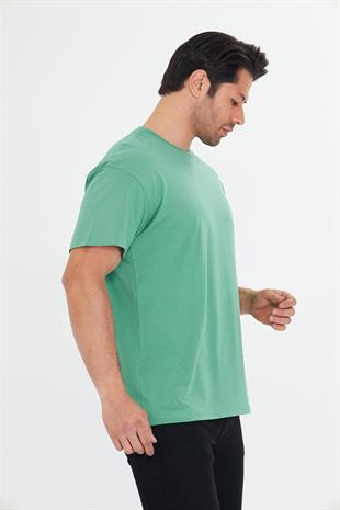 Erkek Pamuklu Bisiklet Yaka Oversize Tişört Yeşil 5015-Y