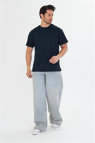 Erkek Pamuklu Bisiklet Yaka Oversize Tişört Lacivert 5015-L