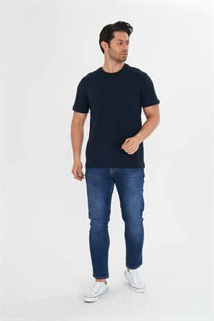 Erkek Pamuklu Bisiklet Yaka Tişört Lacivert 5014-L