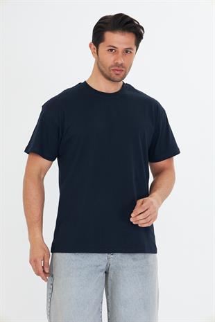 Erkek Pamuklu Bisiklet Yaka Oversize Tişört Lacivert 5015-L