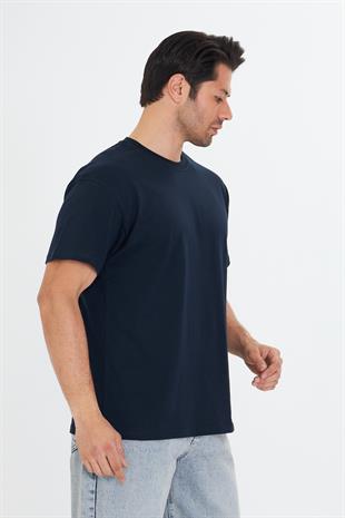 Erkek Pamuklu Bisiklet Yaka Oversize Tişört Lacivert 5015-L