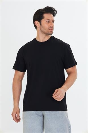 Erkek Pamuklu Bisiklet Yaka Oversize Tişört Siyah 5015-S