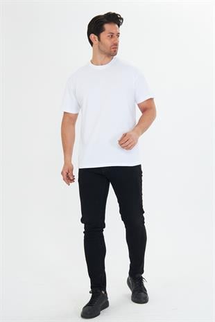 Erkek Pamuklu Bisiklet Yaka Oversize Tişört Beyaz 5015-B