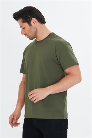 Erkek Pamuklu Bisiklet Yaka Oversize Tişört Haki 5015-H