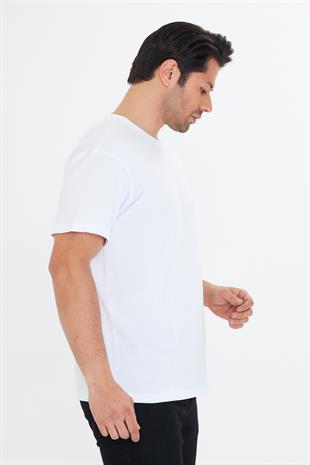 Erkek Pamuklu Bisiklet Yaka Oversize Tişört Beyaz 5015-B