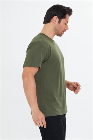 Erkek Pamuklu Bisiklet Yaka Oversize Tişört Haki 5015-H