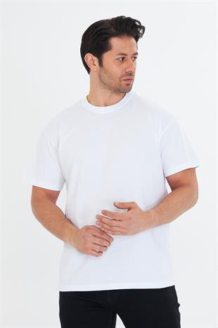Erkek Pamuklu Bisiklet Yaka Oversize Tişört Beyaz 5015-B