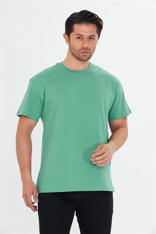 Erkek Pamuklu Bisiklet Yaka Oversize Tişört Yeşil 5015-Y