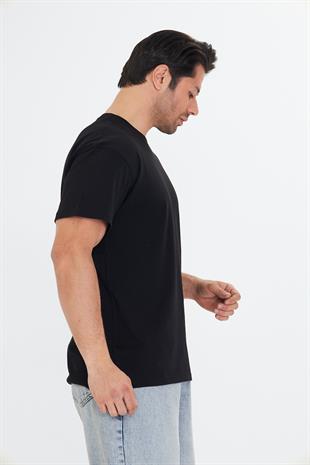 Erkek Pamuklu Bisiklet Yaka Oversize Tişört Siyah 5015-S
