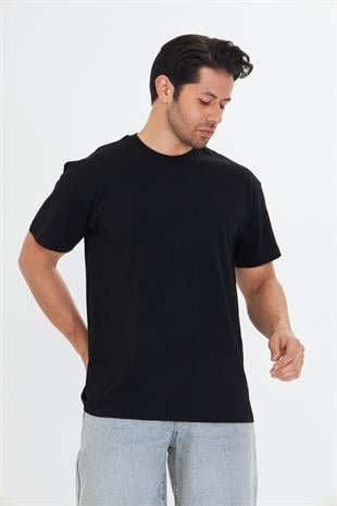 Erkek Pamuklu Bisiklet Yaka Oversize Tişört Siyah 5015-S