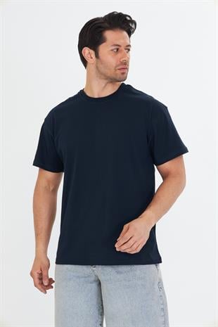 Erkek Pamuklu Bisiklet Yaka Oversize Tişört Lacivert 5015-L