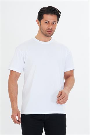 Erkek Pamuklu Bisiklet Yaka Oversize Tişört Beyaz 5015-B