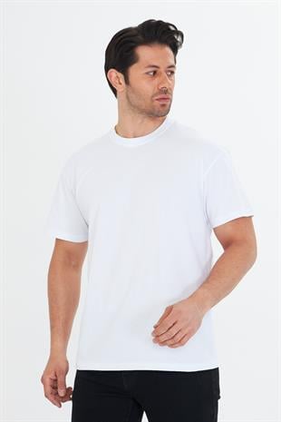 Erkek Pamuklu Bisiklet Yaka Oversize Tişört Beyaz 5015-B