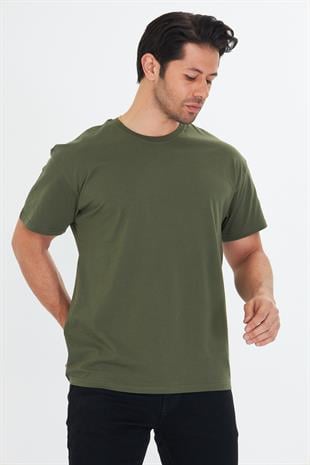 Erkek Pamuklu Bisiklet Yaka Oversize Tişört Haki 5015-H