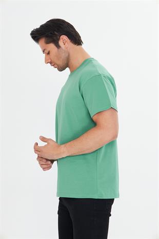 Erkek Pamuklu Bisiklet Yaka Oversize Tişört Yeşil 5015-Y