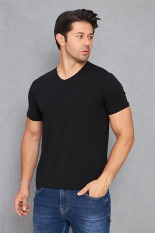 Erkek Pamuklu Slim Fit V Yaka Tişört Siyah 5016-S