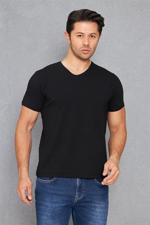 Erkek Pamuklu Slim Fit V Yaka Tişört Siyah 5016-S
