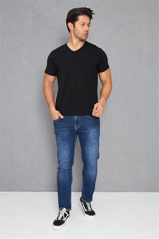 Erkek Pamuklu Slim Fit V Yaka Tişört Siyah 5016-S