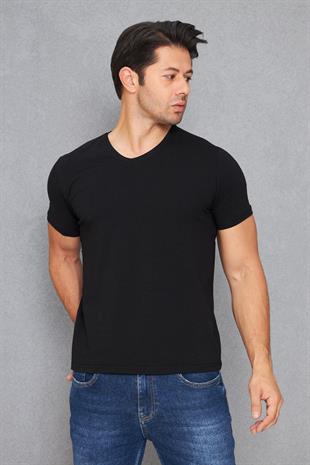 Erkek Pamuklu Slim Fit V Yaka Tişört Siyah 5016-S
