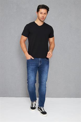 Erkek Pamuklu Slim Fit V Yaka Tişört Siyah 5016-S
