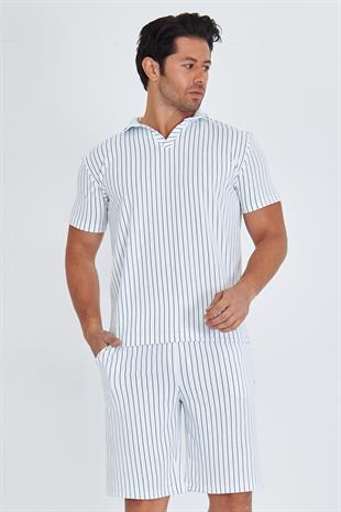 Erkek Yakalı Çizgili Polycotton T-shirt Şort İkili Takım Petrol 5733-P