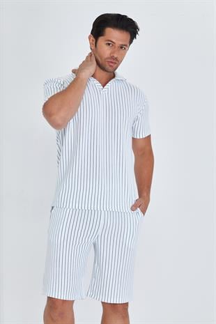 Erkek Yakalı Çizgili Polycotton T-shirt Şort İkili Takım Petrol 5733-P