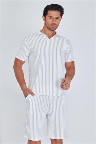 Erkek Yakalı Çizgili Polycotton T-shirt Şort İkili Takım Haki 5733-H
