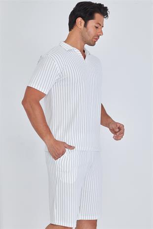 Erkek Yakalı Çizgili Polycotton T-shirt Şort İkili Takım Haki 5733-H