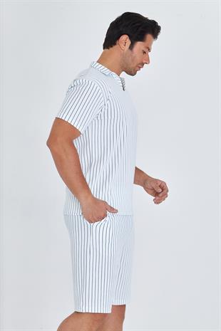 Erkek Yakalı Çizgili Polycotton T-shirt Şort İkili Takım Petrol 5733-P