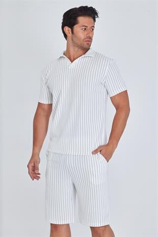 Erkek Yakalı Çizgili Polycotton T-shirt Şort İkili Takım Haki 5733-H