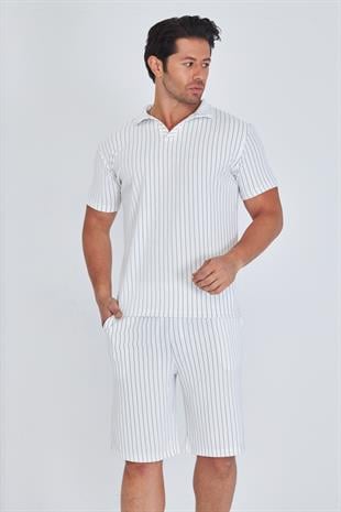 Erkek Yakalı Çizgili Polycotton T-shirt Şort İkili Takım Haki 5733-H