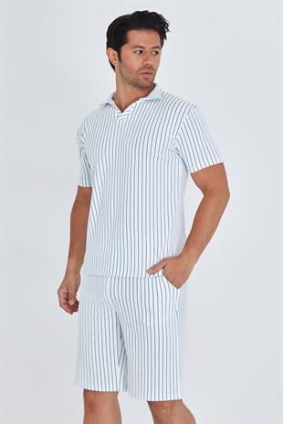 Erkek Yakalı Çizgili Polycotton T-shirt Şort İkili Takım Petrol 5733-P
