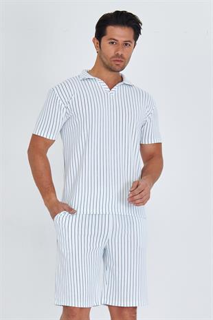 Erkek Yakalı Çizgili Polycotton T-shirt Şort İkili Takım Petrol 5733-P