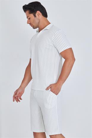 Erkek Yakalı Çizgili Polycotton T-shirt Şort İkili Takım Haki 5733-H