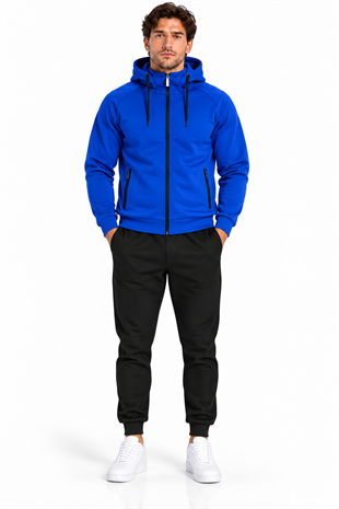 Erkek 3 İplik Pamuklu Dik Yakalı Ve Kapüşonlu Fermuarlı Eşofman Takımı Saks-204