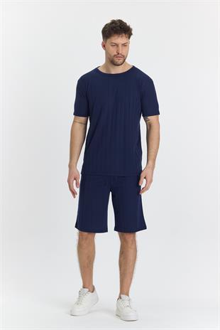 Erkek Çizgli Polycotton T-shirt Şort İkili Takım Lacivert 5734-L