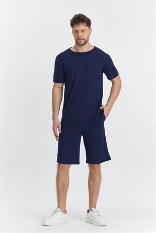 Erkek Çizgli Polycotton T-shirt Şort İkili Takım Lacivert 5734-L