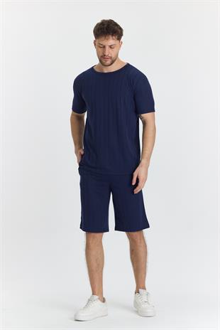 Erkek Çizgli Polycotton T-shirt Şort İkili Takım Lacivert 5734-L