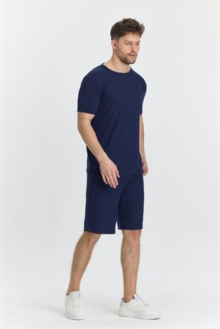 Erkek Çizgli Polycotton T-shirt Şort İkili Takım Lacivert 5734-L