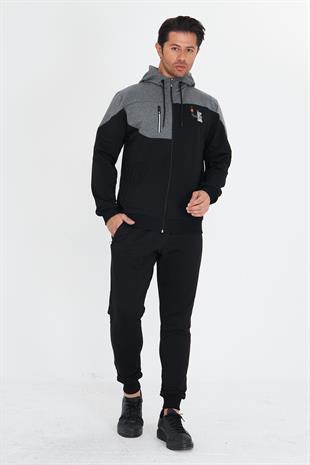 Erkek Pamuklu Kapüşonlu Eşofman Takımı siyah 5739-S