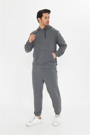 Şardonsuz 3 iplik Pamuklu Basic Kapüşonlu Unisex Eşofman Takımı 5737